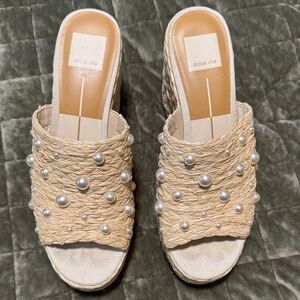 Dolce Vita Tan Pearl-Studded Mules